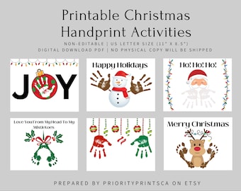 May include: Printable Christmas handprint activities for kids. The set includes six designs: Joy, Happy Holidays, Ho! Ho! Ho!, Love You From My Head To My Mistletoes, Merry Christmas. Each design features a handprint or footprint and a festive Christmas theme.