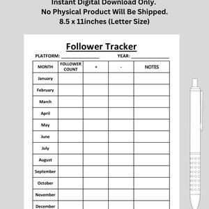 Könnte beinhalten: Eine schwarz-weiße druckbare Follower-Tracker-Vorlage für eine Social-Media-Plattform. Die Vorlage enthält eine Spalte für den Monat, die Anzahl der Follower, Notizen und das Jahr. Die Vorlage ist 8,5 Zoll mal 11 Zoll groß.