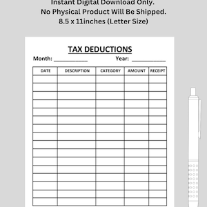 Tax Deductions Sheet. Business Tax Deductions. Personal Tax Deductions | Printable | US Letter Size | Digital Download