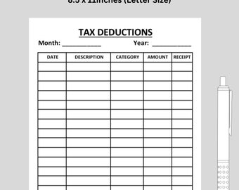 Tax Deductions Sheet | Printable US Letter (Digital Download)