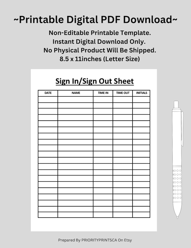 Sign In/sign Out Sheet. School/business/daycare/day Camp. Programs