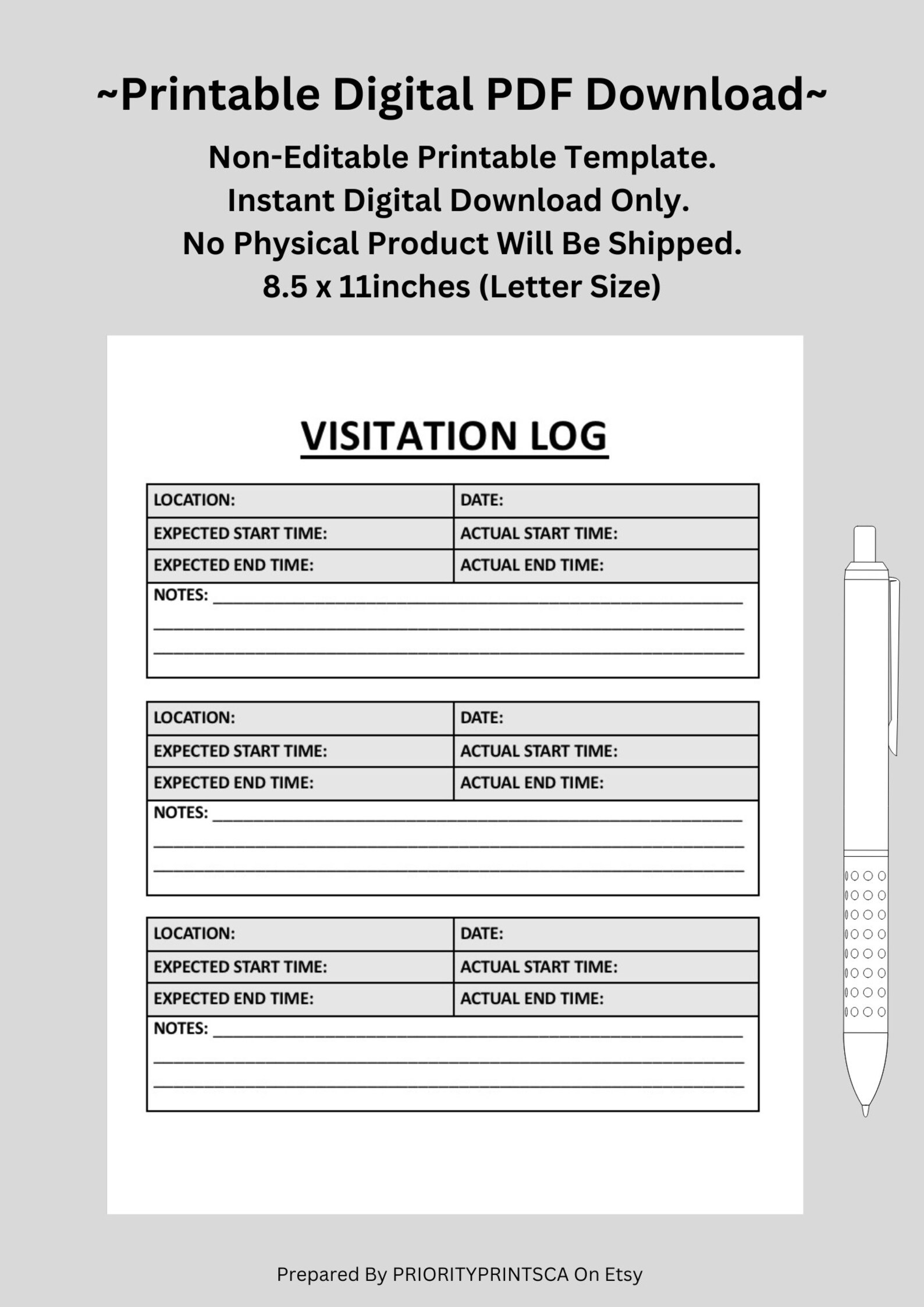 Visitation Log. Custody Log, Time Sharing Visitation Sheet. Parental