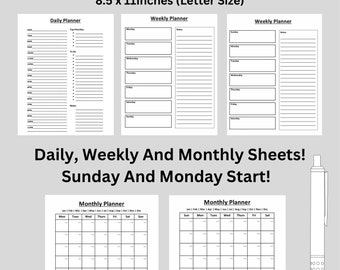 Ultimate Daily, Weekly & Monthly Planner Sheets | Printable | US Letter Size | Digital Download