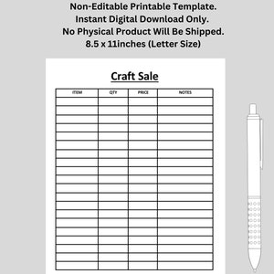 Hoja de venta de artesanías, puestos de venta, mercados de pulgas, empresas, pequeñas empresas, seguimiento de ventas / Imprimible / Tamaño carta de EE. UU. / Descarga digital