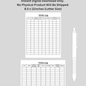 Vitals Log Sheets With Spot For Initials | Printable | US Letter Size | Digital Download