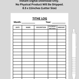 Tithe Log, prayer, religious, religion, church | Printable | US Letter Size | Digital Download