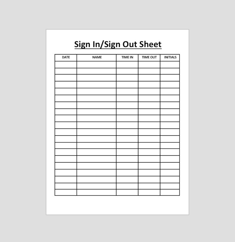 Sign In/sign Out Sheet. School/business/daycare/day Camp. Programs