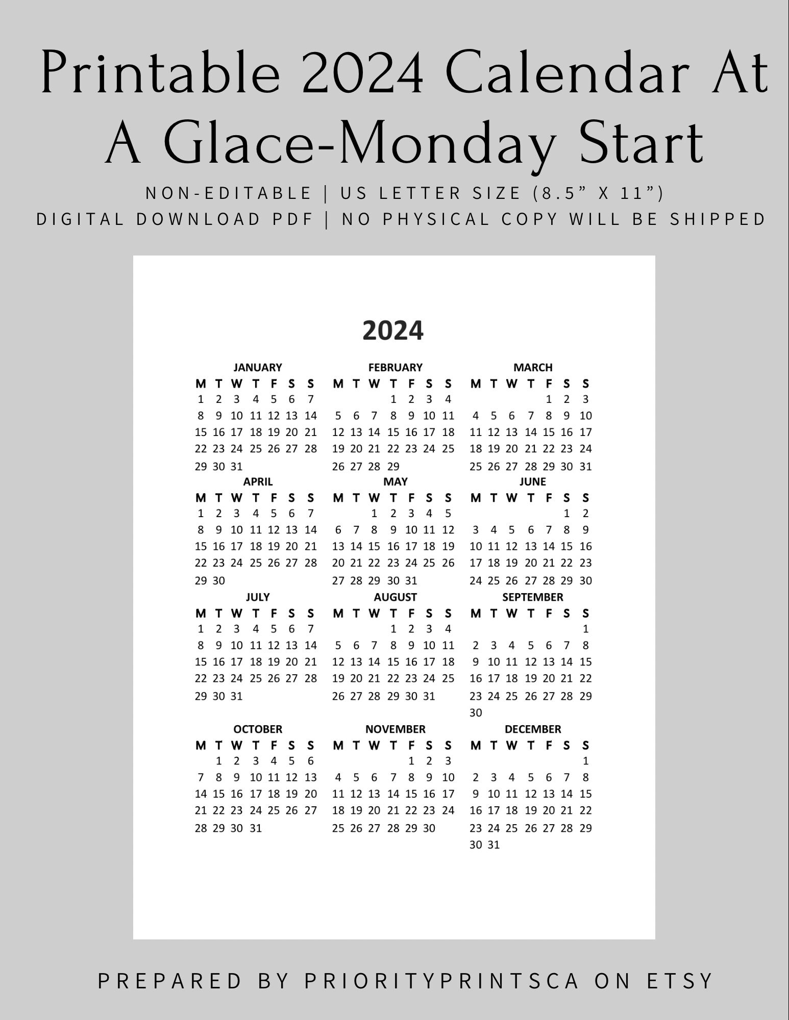 2024 Calendar Sunday and Monday Start at A Glance Calendar