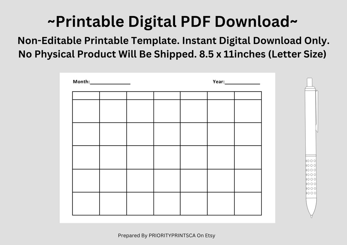 Blank Calendar. Printable PDF. New Year Calendar. Monthly Calendar ...