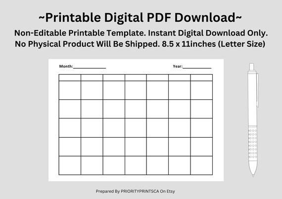 Blank Calendar. Printable PDF. New Year Calendar. Monthly Calendar. Yearly Calendar  Printable US Letter Size Digital Download - Etsy
