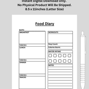 Food Diary, Calories, Meal Prep, Meal Tracker, Diet, Healthy Lifestyle, Clean Eating | Printable | US Letter Size | Digital Download