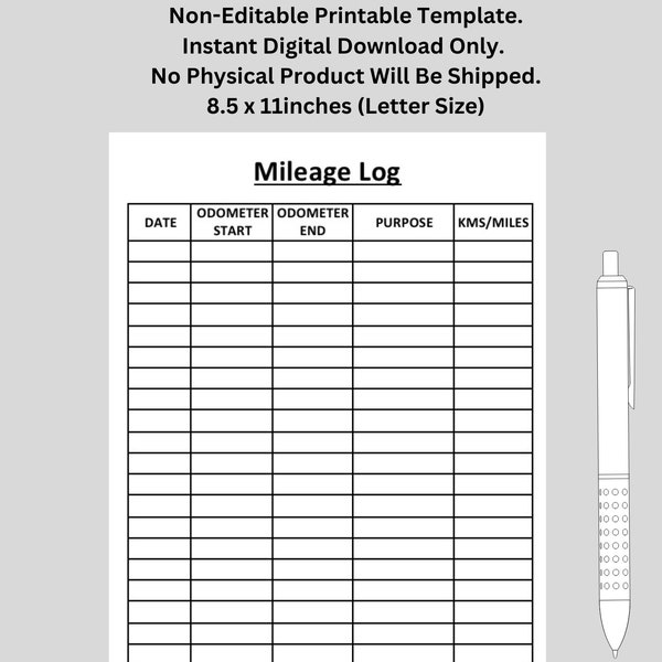 Mileage Log. Miles And Kms Tracker. Business Vehicle Log. Miles And Kms Sheet | Printable | US Letter Size | Digital Download