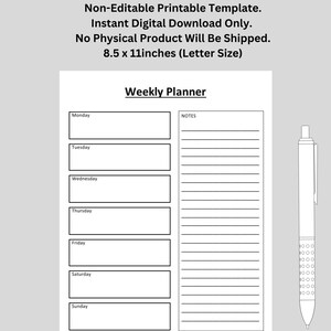 Weekly Planner. Weekly Template, Monday Start List | Printable | US Letter Size | Digital Download