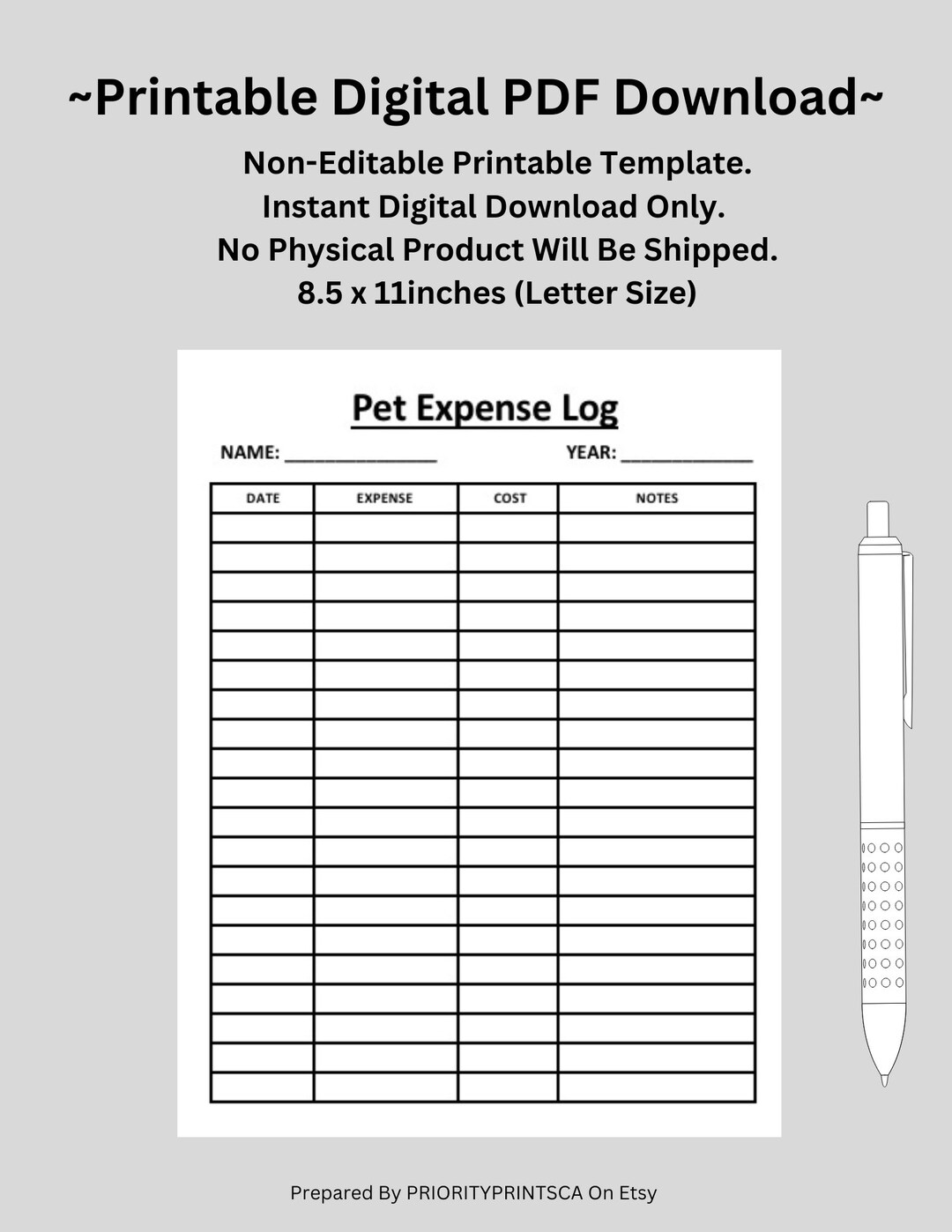 Pet Expense Log Cat/dog/animal Expenses Log Printable US Letter Size