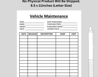 Vehicle Maintenance Log, Car Truck SUV Expenses (Digital Download)