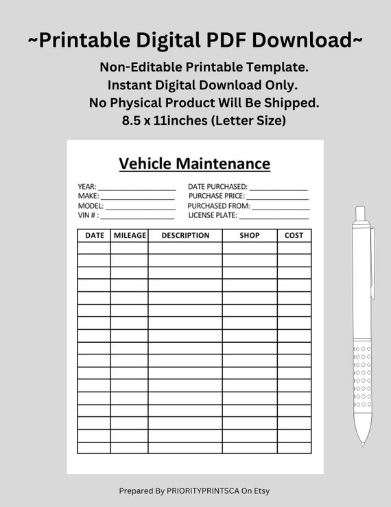 Vehicle Maintenance Log, Car Truck SUV Expenses (Digital Download)