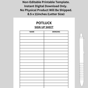 Potluck Sign Up Sheet. Potluck Tracking Sheet. Potluck Event | Printable | US Letter Size | Digital Download