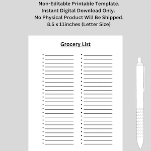 Può includere: Un modello di lista della spesa stampabile in bianco e nero. Il modello è di dimensioni 8,5 x 11 pollici (formato lettera) e ha due colonne con righe per scrivere. Il testo "Grocery List" è in cima alla pagina. Il testo "Prepared By PRIORITYPRINTSCA On Etsy" è in fondo alla pagina.