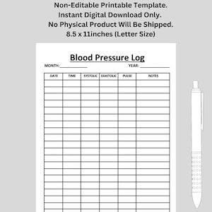 Registro della pressione sanguigna. Salute medica. Sistolico/Diastolico. Pressione sanguigna alta e bassa / Stampabile / Formato lettera USA / Download digitale