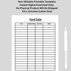 Hoja de venta de garaje / Imprimible / Tamaño carta de EE. UU. / Descarga digital