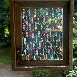 RUSTIC WOOD BOHO Chic Sun Catcher- Beaded Backyard -Outdoor Framed Hanging Art-Unique patio decor- beaded handmade art- Garden Art