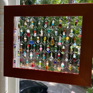 Wooden HIPPIE BOHO Chic Sun Catcher- Beaded Backyard - Outdoor Framed Hanging Art- Unique Mother&#39;s Day Gift USA Home Decor-Boho