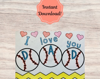 Baseball Father's Day Card, Father's Day Coloring Card, Printable Father's Day Card, Happy Father's Day, INSTANT DOWNLOAD