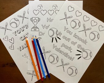 Baseball Valentines Coloring Pages, Printable Baseball Coloring Sheets, INSTANT DOWNLOAD