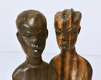 African Wood Carvings - Tribal Craft - Vintage Pair (woman and man) busts