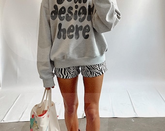Gildan 18000 G180 Sport Grey Sweatshirt Mockup - Lifestyle Model Boho Oversized Mockup - Trendy Aesthetic Mock