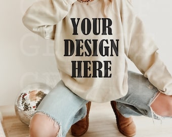 Gildan 18000 G180 Sand Sweatshirt Mockup - Lifestyle Model Boho Oversized Mockup - Trendy Aesthetic Mock