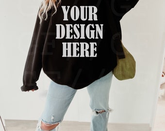Gildan 18000 G180 Black Sweatshirt Mockup - Lifestyle Model Boho Oversized Mockup - Trendy Aesthetic Mock
