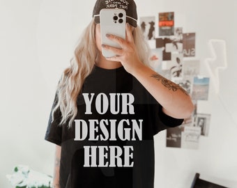 Comfort Colors Black C1717 Model Mockup - Oversized comfort colors mockup - Lifestyle Oversized Shirt mockup - Trendy y2k Aesthetic Mock