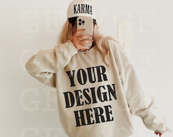 Gildan 18000 G180 Sand Sweatshirt Mockup - Lifestyle Model Boho Oversized Mockup - Trendy Aesthetic Mock
