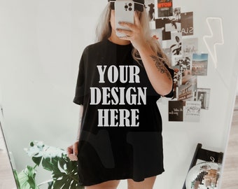 Comfort Colors Black C1717 Model Mockup - Oversized comfort colors mockup - Lifestyle Oversized Shirt mockup - Trendy y2k Aesthetic Mock