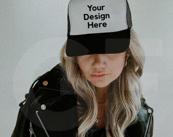 Otto Foam Trucker Hat Mockup Blanco y Negro - Spring summer Mockup - Estilo de vida Trucker Hat Mockup - Trendy y2k Aesthetic Mock - Moody Mock