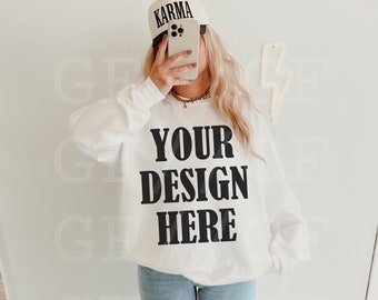 Gildan 18000 G180 White Sweatshirt Mockup - Lifestyle Model Boho Oversized Mockup - Trendy Aesthetic Mock