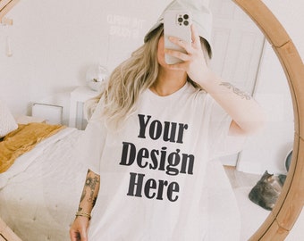 Gildan 5000 White T-Shirt Mockup - Aesthetic Model Trendy Mockup - Modern Mockup