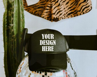 Otto Foam Trucker Hat Mockup Black - Spring summer Mockup - Estilo de vida Trucker Hat Mockup - Trendy y2k Aesthetic Mock - Moody Mock