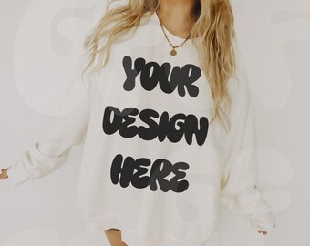 Gildan 18000 G180 White Sweatshirt Mockup - Lifestyle Model Boho Oversized Mockup - Trendy Aesthetic Mock