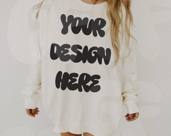 Gildan 18000 G180 White Sweatshirt Mockup - Lifestyle Model Boho Oversized Mockup - Trendy Aesthetic Mock