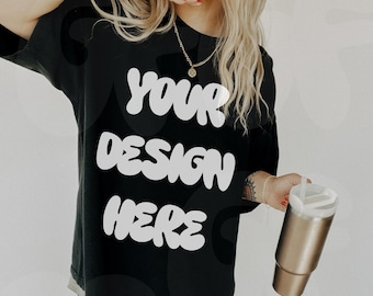 Comfort Colors C1717 Black Mockup - Spring Summer Mockup - Lifestyle Oversized Shirt Mockul - Trendy y2k Western Mock - Cowgirl mockup