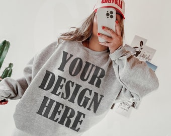 Gildan 18000 G180 Sport Grey Sweatshirt Mockup - Lifestyle Model Boho Oversized Mockup - Trendy Aesthetic Mock