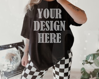 Comfort Colors Black C1717 Model Mockup - Oversized comfort colors mockup - Lifestyle Oversized Shirt mockup - Trendy y2k Aesthetic Mock