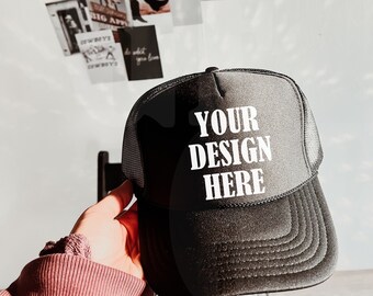Otto Foam Trucker Hat Mockup Black - Spring summer Mockup - Estilo de vida Trucker Hat Mockup - Trendy y2k Aesthetic Mock - Moody Mock