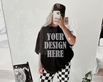 Comfort Colors Black C1717 Model Mockup - Oversized comfort colors mockup - Lifestyle Oversized Shirt mockup - Trendy y2k Aesthetic Mock