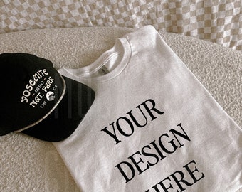 Gildan 5000 White Lifestyle T-Shirt Mockup - Aesthetic Flat Lay Trendy Mockup - Modern Mockup