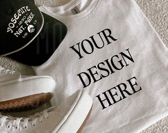 Gildan 5000 White Lifestyle T-Shirt Mockup - Aesthetic Flat Lay Trendy Mockup - Modern Mockup