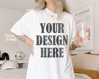 Gildan 5000 White T-Shirt Mockup - Aesthetic Model Trendy Mockup - Modern Mockup