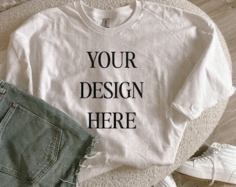 Gildan 5000 White Lifestyle T-Shirt Mockup - Aesthetic Flat Lay Trendy Mockup - Modern Mockup